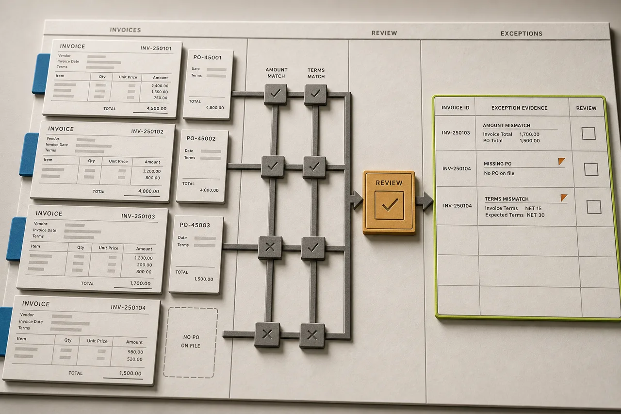 FINANCE task plate: Review invoices for exceptions, producing an exception list ready to check.